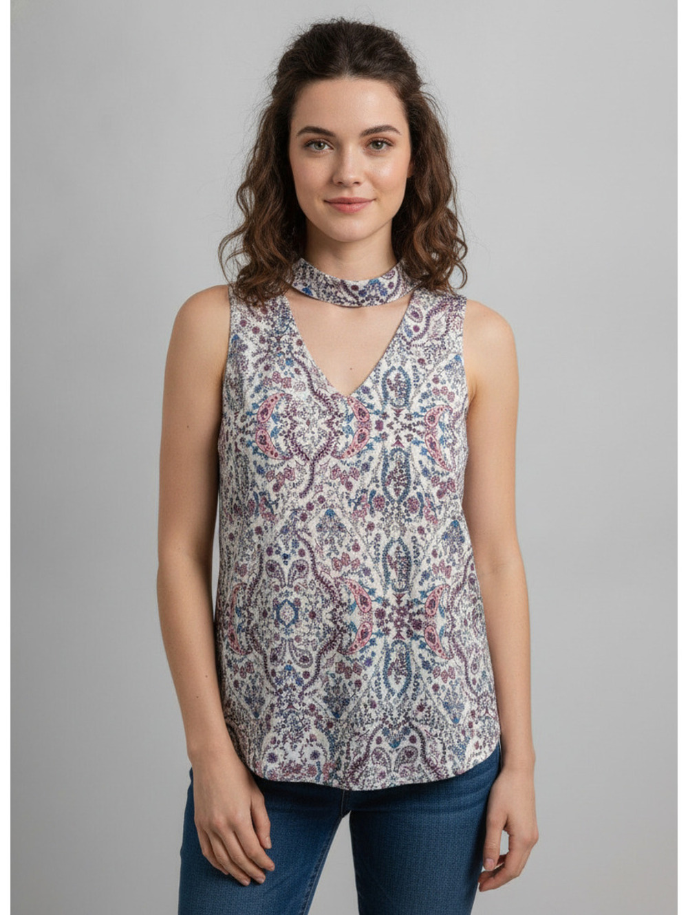 1590 - by & by Crushed Velvet V-Neck Choker Top with Floral Pattern, Size S